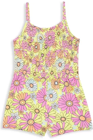 Design History Girls T-Shirts - Little Girl's Daisy Print Romper - Yellow Sun Combo - Size 3 - Yellow Sun Combo - Size 3