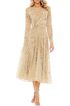 Mac Duggal Women Long Sleeve Dresses - Women's Embellished Illusion Long-Sleeve Dress - Latte - Size 2 - Latte - Size 2
