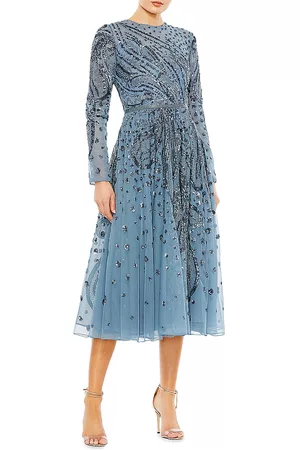 Mac Duggal Women Long Sleeve Dresses - Women's Embellished Illusion Long-Sleeve Dress - Slate Blue - Size 2 - Slate Blue - Size 2