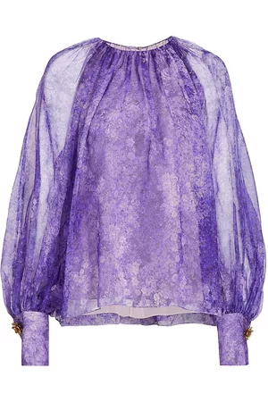 Oscar de la Renta Women Chiffon Tops - Women's Floral Silk Chiffon Blouse - Lilac Blue - Size 4 - Lilac Blue - Size 4
