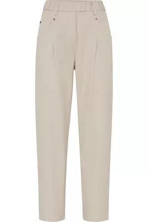 Brunello Cucinelli Women Stretch Pants - Women's Stretch Cotton Cover Baggy Pull-On Trousers With Shiny Bartack - Beige - Size 16 - Beige - Size 16