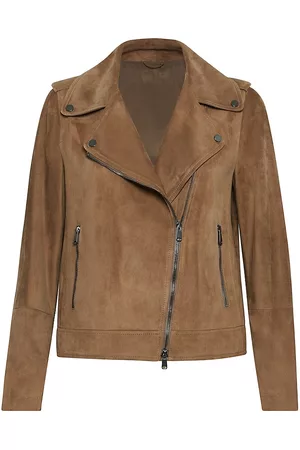 Brunello Cucinelli Women Leather Jackets - Women's Suede Biker Jacket With Monili - Brown - Size 6 - Brown - Size 6