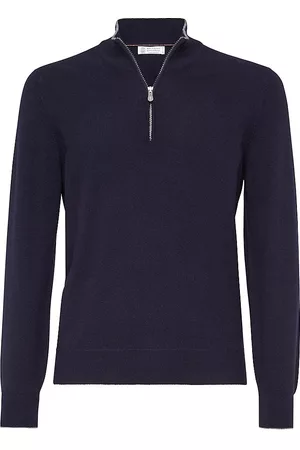 Brunello Cucinelli Men Turtleneck Sweaters - Men's Cashmere Turtleneck Sweater with Zipper - Navy Blue - Size 36 - Navy Blue - Size 36