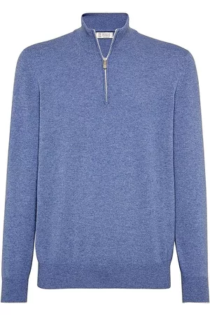 Brunello Cucinelli Men Turtleneck Sweaters - Men's Cashmere Turtleneck Sweater with Zipper - Oxford Blue - Size 38 - Oxford Blue - Size 38