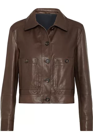 Brunello Cucinelli Women Leather Jackets - Women's Country Nappa Leather Outerwear Jacket With Monili - Brown - Size 2 - Brown - Size 2