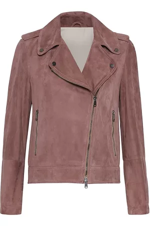 Brunello Cucinelli Women Leather Jackets - Women's Suede Biker Jacket With Monili - Antique Pink - Size 12 - Antique Pink - Size 12
