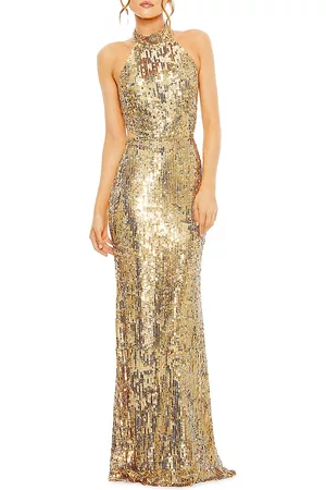 Mac Duggal Women Halter Dresses - Women's Halterneck Sequin Gown - Gold Beige - Size 6 - Gold Beige - Size 6