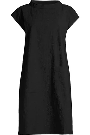 Eileen Fisher Women Turtleneck Dresses - Women's Mock Turtleneck Crinkle Cotton Minidress - Black - Size Medium - Black - Size Medium