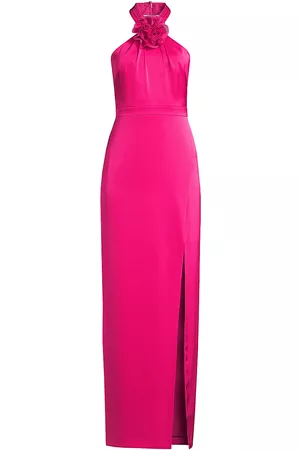 Aidan Mattox Women Printed & Patterned Dresses - Women's Floral Appliqué Satin Halter Gown - Hot Pink - Size 14 - Hot Pink - Size 14