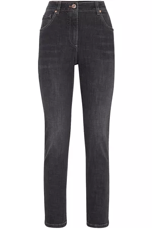 Brunello Cucinelli Women Leather Pants - Women's Stretch Denim Slim Trousers With Shiny Leather Tab - Grey Denim - Size 0 - Grey Denim - Size 0