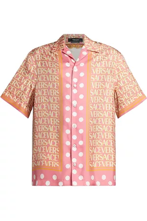 VERSACE Men Tops - Men's Polka Dot Logomania Silk Shirt - Pink Ivory - Size 34 - Pink Ivory - Size 34