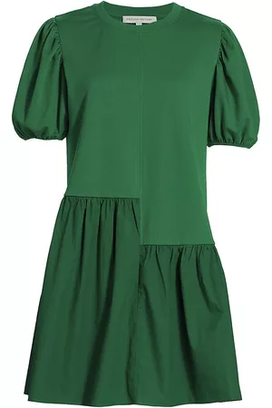 ENGLISH FACTORY Women Puff Sleeve & Puff Shoulder Dresses - Women's Puff-Shoulder Mixed Media Minidress - Green - Size XS - Green - Size XS