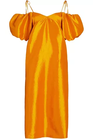 Kika Vargas Women Puff Sleeve & Puff Shoulder Dresses - Women's Clarice Puff-Sleeve Taffeta Midi-Dress - Orange - Size XS - Orange - Size XS