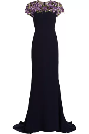 Oscar de la Renta Women Evening Dresses & Gowns - Women's Lilac Embroidered Stretch Gown - Navy - Size 10 - Navy - Size 10