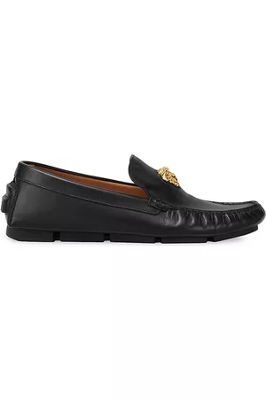 VERSACE Men Loafers - Men's Leather Driving Loafers - Black Gold - Size 7 - Black Gold - Size 7