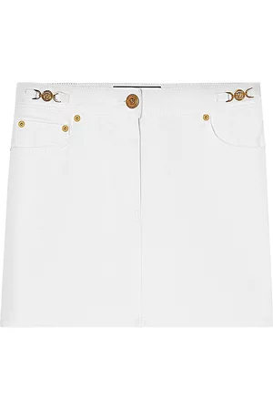 VERSACE Women Mini Skirts - Women's La Vacanza Medusa Button Denim Miniskirt - White - Size 0 - White - Size 0