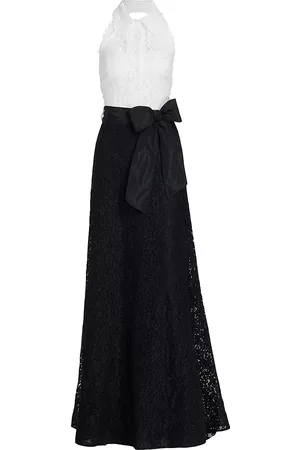 Teri Jon by Rickie Freeman Women Evening Dresses & Gowns - Women's Collared Colorblocked Lace Gown - White Black - Size 2 - White Black - Size 2
