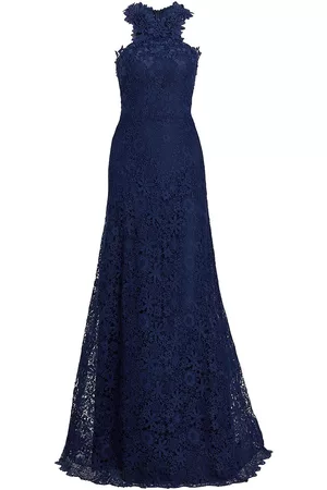 Teri Jon by Rickie Freeman Women Halter Dresses - Women's Lace Halter Fit-&-Flare Gown - Navy - Size 10 - Navy - Size 10