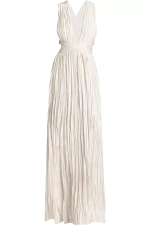 ULLA JOHNSON Women Evening Dresses & Gowns - Women's Mona Plunging V-Neck Crinkle Gown - Pristine - Size 00 - Pristine - Size 00
