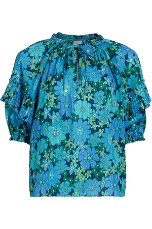 Ramy Brook Women Blouses - Women's Eugenia Printed Top - Tropical Blue Retro Floral - Size XXS - Tropical Blue Retro Floral - Size XXS