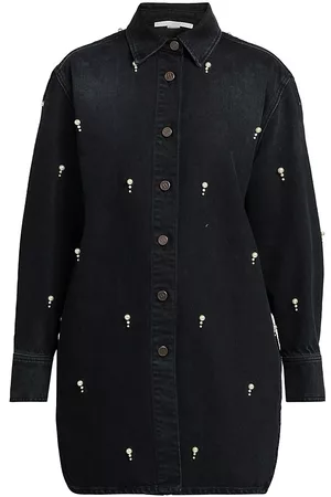 Stella McCartney Women Denim Shirts - Women's Faux Pearl-Embroidered Denim Overshirt - Black - Size Large - Black - Size Large