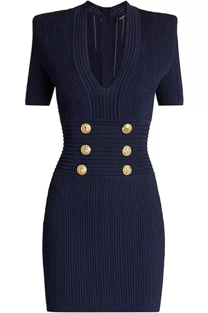 Balmain Women Knit & Sweater Dresses - Women's V-Neck Knit Minidress - Navy - Size 2 - Navy - Size 2