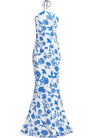 Mestiza New York Women Printed & Patterned Dresses - Women's Maria Floral Halterneck Gown - Blue Ivory - Size 0 - Blue Ivory - Size 0