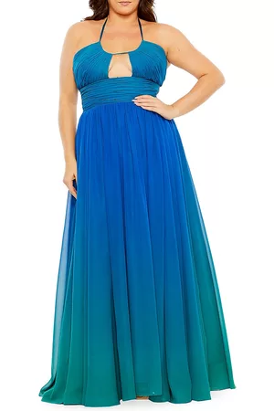 Mac Duggal Women Halter Dresses - Women's Fabulouss Ruched Ombré Chiffon Halter Gown - Ocean Ombre - Size 14 - Ocean Ombre - Size 14