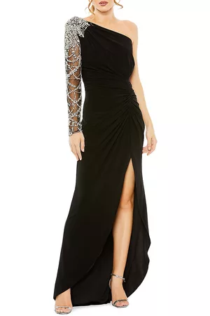 Mac Duggal Women Asymmetrical Dresses - Women's Asymmetric Crystal-Embellished Jersey Gown - Black - Size 2 - Black - Size 2