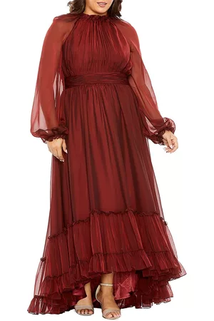 Mac Duggal Women Evening Dresses & Gowns - Women's Plus Size Ruffled Puff-Sleeved Chiffon Gown - Garnet - Size 14W - Garnet - Size 14W