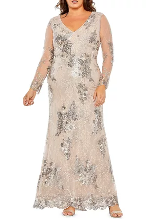 Mac Duggal Women Long Sleeve Dresses - Women's Embellished Lace Long-Sleeve Gown - Taupe - Size 14W - Taupe - Size 14W