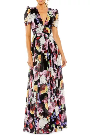 Mac Duggal Women Printed & Patterned Dresses - Women's Ieena Floral Chiffon Gown - Black Multi - Size 2 - Black Multi - Size 2