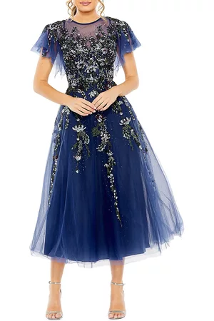 Mac Duggal Women Printed & Patterned Dresses - Women's Mac Embellished Floral Tulle Midi-Dress - Midnight - Size 4 - Midnight - Size 4