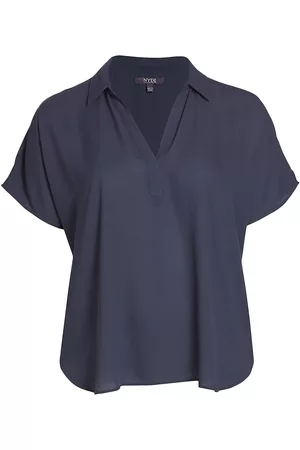 NYDJ, Plus Size Women Short sleeved Shirts - Women's Becky Short-Sleeve Blouse - Oxford Navy - Size 10 - Oxford Navy - Size 10