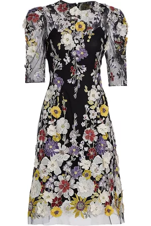 Teri Jon by Rickie Freeman Women Party & Cocktail Dresses - Women's Embroidered Floral Cocktail Dress - Black Multi - Size 2 - Black Multi - Size 2