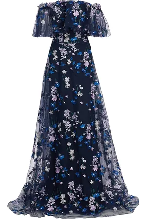 Teri Jon by Rickie Freeman Women Evening Dresses & Gowns - Women's Wildflower Embroidered Gown - Navy Multi - Size 2 - Navy Multi - Size 2