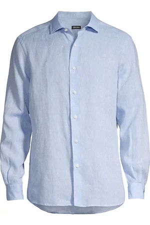 Z Zegna Men Sports T-Shirts - Men's Garment-Washed Linen Sport Shirt - Blue - Size Medium - Blue - Size Medium