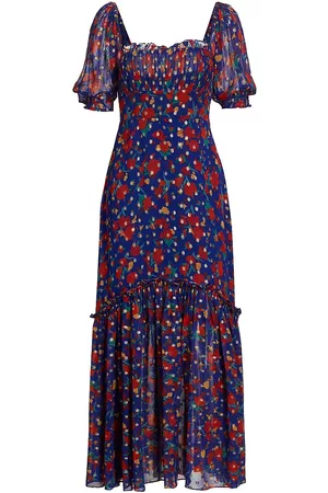 RIXO London Women Puff Sleeve & Puff Shoulder Dresses - Women's Shireen Floral Puff-Sleeve Midi-Dress - Havana Floral Indigo - Size XXS - Havana Floral Indigo - Size XXS