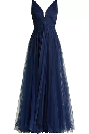 ZAC Zac Posen Women Evening Dresses & Gowns - Women's Pleated Tulle Notch-Neck Gown - Dark Navy - Size 10 - Dark Navy - Size 10