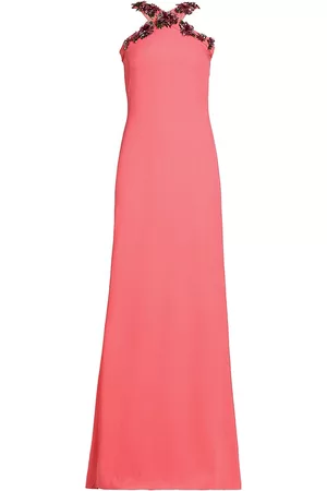 Oscar de la Renta Women Evening Dresses & Gowns - Women's Crystal Dahlia Crepe Column Gown - Tulip - Size 2 - Tulip - Size 2