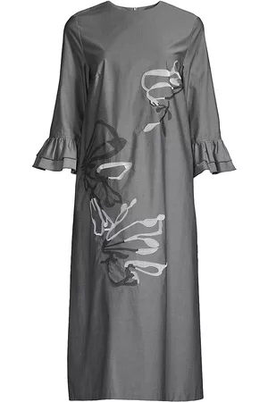 Misook Women Printed & Patterned Dresses - Women's Floral-Embroidered Shift Midi-Dress - Grey Black White - Size Large - Grey Black White - Size Large