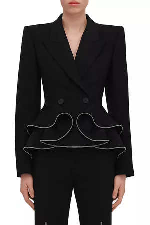 Alexander McQueen Women Double Breasted Jackets - Women's Ruffled Double-Breasted Blazer - Black - Size 8 - Black - Size 8