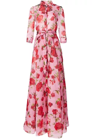 Carolina Herrera Women Evening Dresses & Gowns - Women's Belted Floral Silk Shirt Gown - Deco Pink Multi - Size 6 - Deco Pink Multi - Size 6