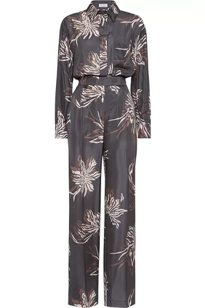 Brunello Cucinelli Women Jumpsuits - Women's Silk Marine Flower Pongee Jumpsuit With Shiny Pocket - Anthracite - Size Small - Anthracite - Size Small