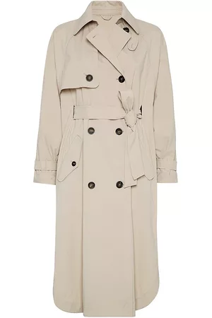 Brunello Cucinelli Women Trench Coats - Women's Techno Canvas Trench With Precious Button Tab - Beige - Size 20 - Beige - Size 20