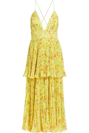 AMUR Women Printed & Patterned Dresses - Women's Nico Floral Pleated Tiered Midi-Dress - Limeade Garden - Size 00 - Limeade Garden - Size 00