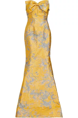Rene Ruiz Collection Women Strapless Dresses - Women's Strapless Bow & Jacquard Gown - Yellow Blue - Size 6 - Yellow Blue - Size 6