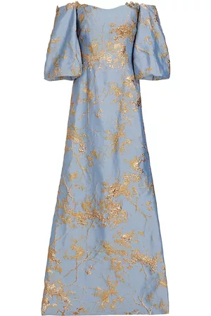 Rene Ruiz Collection Women Puff Sleeve & Puff Shoulder Dresses - Women's Off-The-Shoulder Puff-Sleeve Gown - Blue Gold - Size 2 - Blue Gold - Size 2