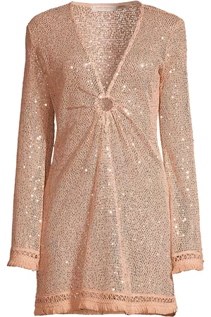 Ramy Brook Women Fringe Dresses - Women's Cassie Crochet Embellished Fringe-Trim Minidress - Rose Gold - Size XS - Rose Gold - Size XS