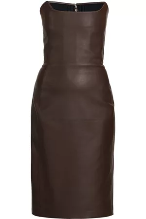 Bottega Veneta Women Strapless Dresses - Women's Leather Strapless Bustier Midi-Dress - Dark Milk Chocolate - Size 0 - Dark Milk Chocolate - Size 0